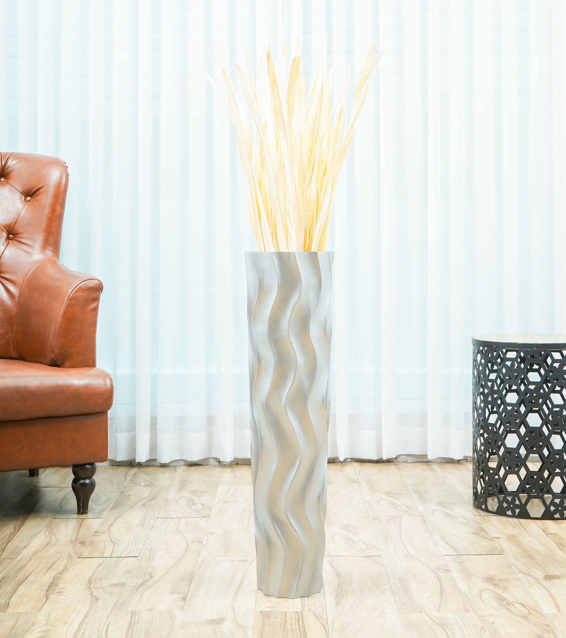 Large Mango Wood Floor Vase – Handcrafted Decorative Highlight from Thailand, silver, 65 cm