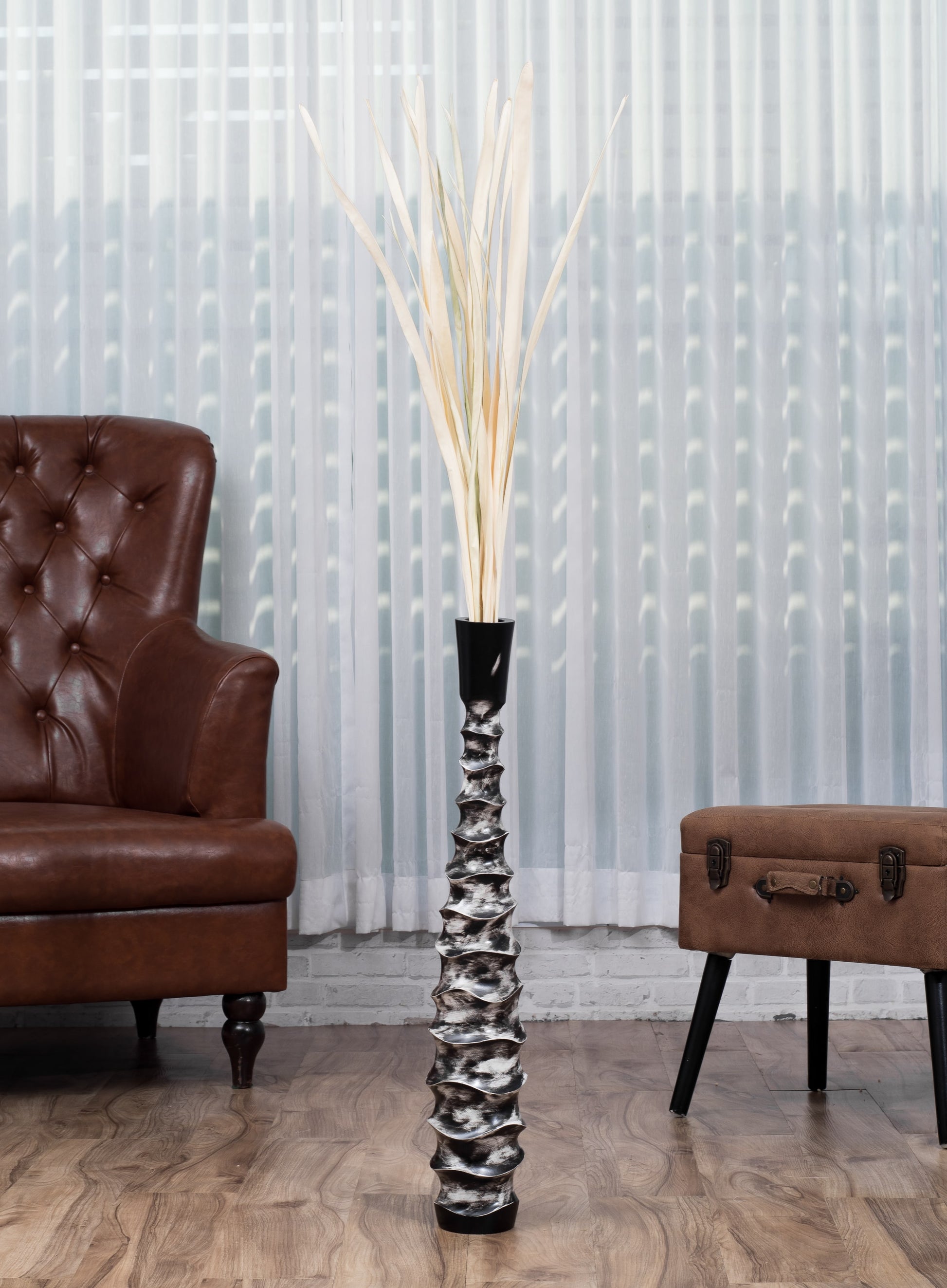 Large Mango Wood Floor Vase – Handcrafted Decorative Highlight from Thailand, black, white, 65 cm