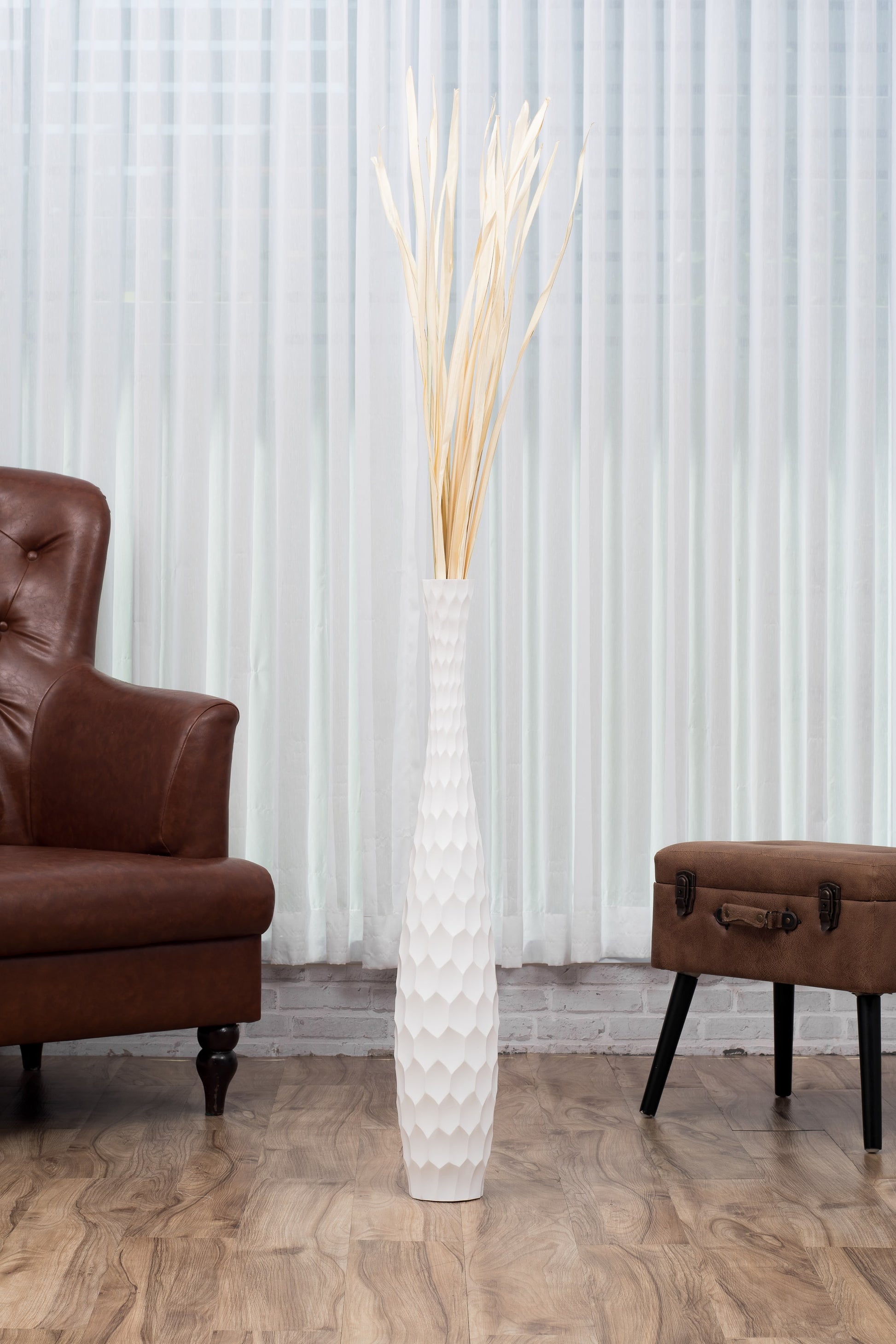 Large Mango Wood Floor Vase – Handcrafted Decorative Highlight from Thailand, white, 85 cm