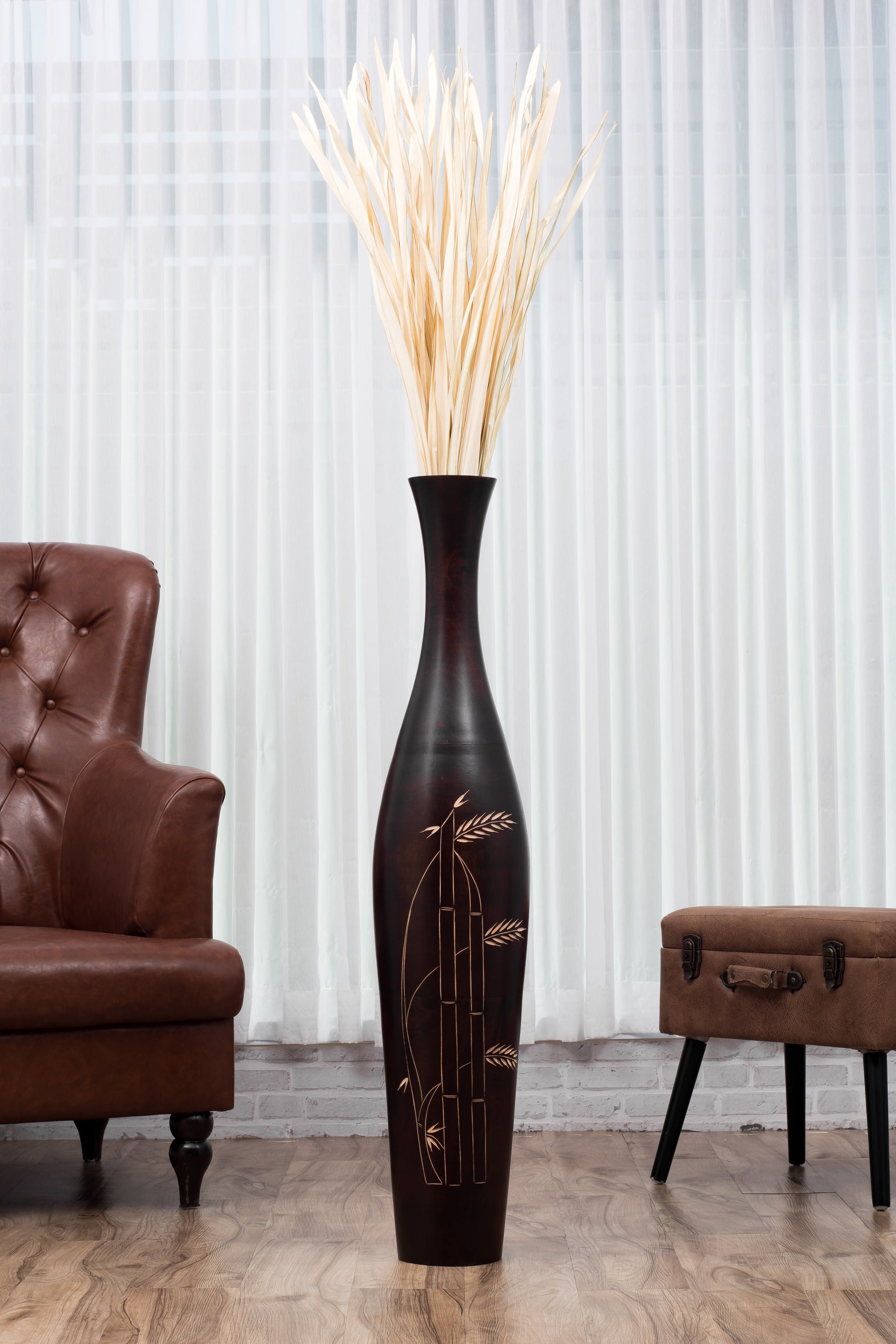Large Mango Wood Floor Vase – Handcrafted Decorative Highlight from Thailand, brown, 105 cm