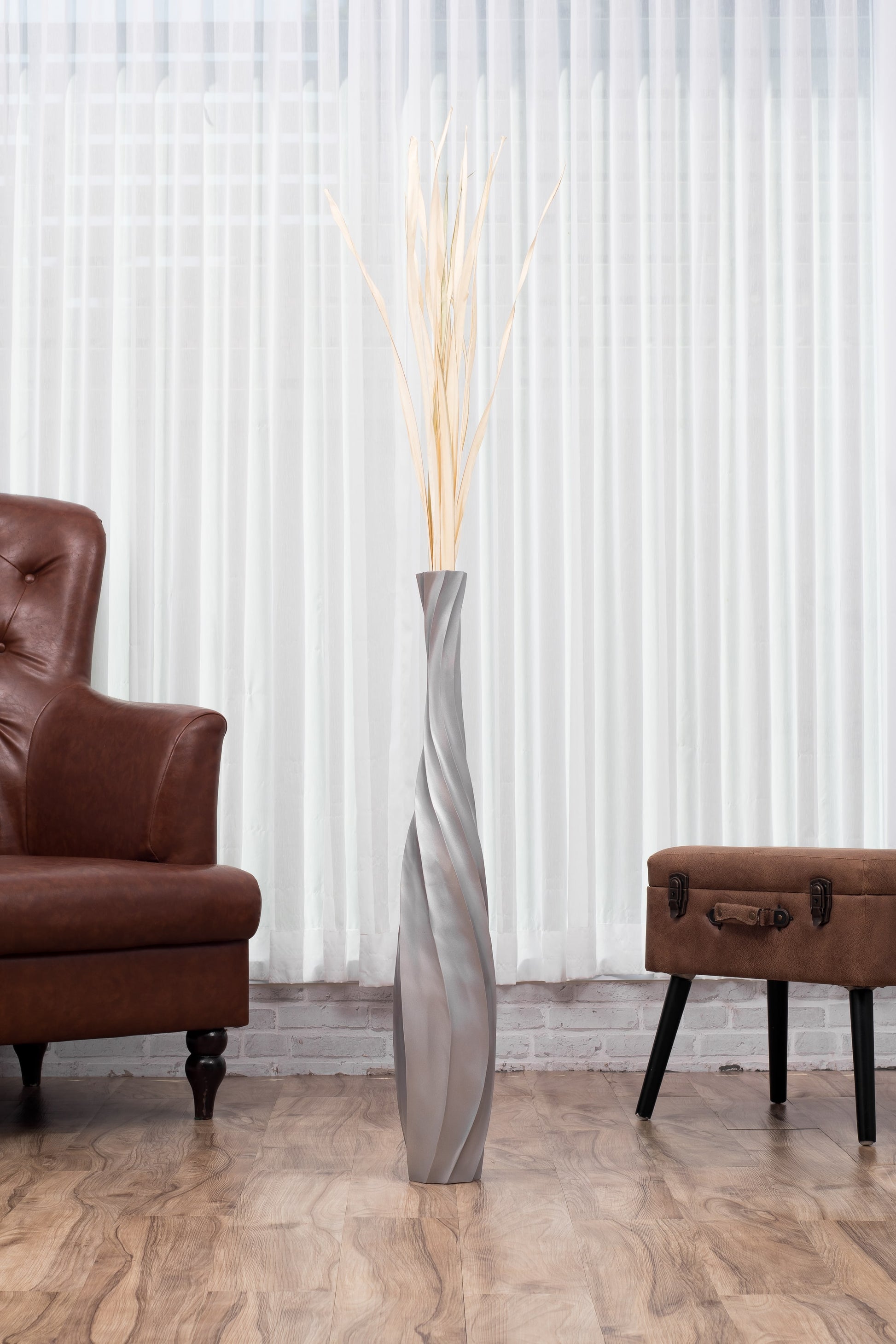 Large Mango Wood Floor Vase – Handcrafted Decorative Highlight from Thailand, silver, 85 cm