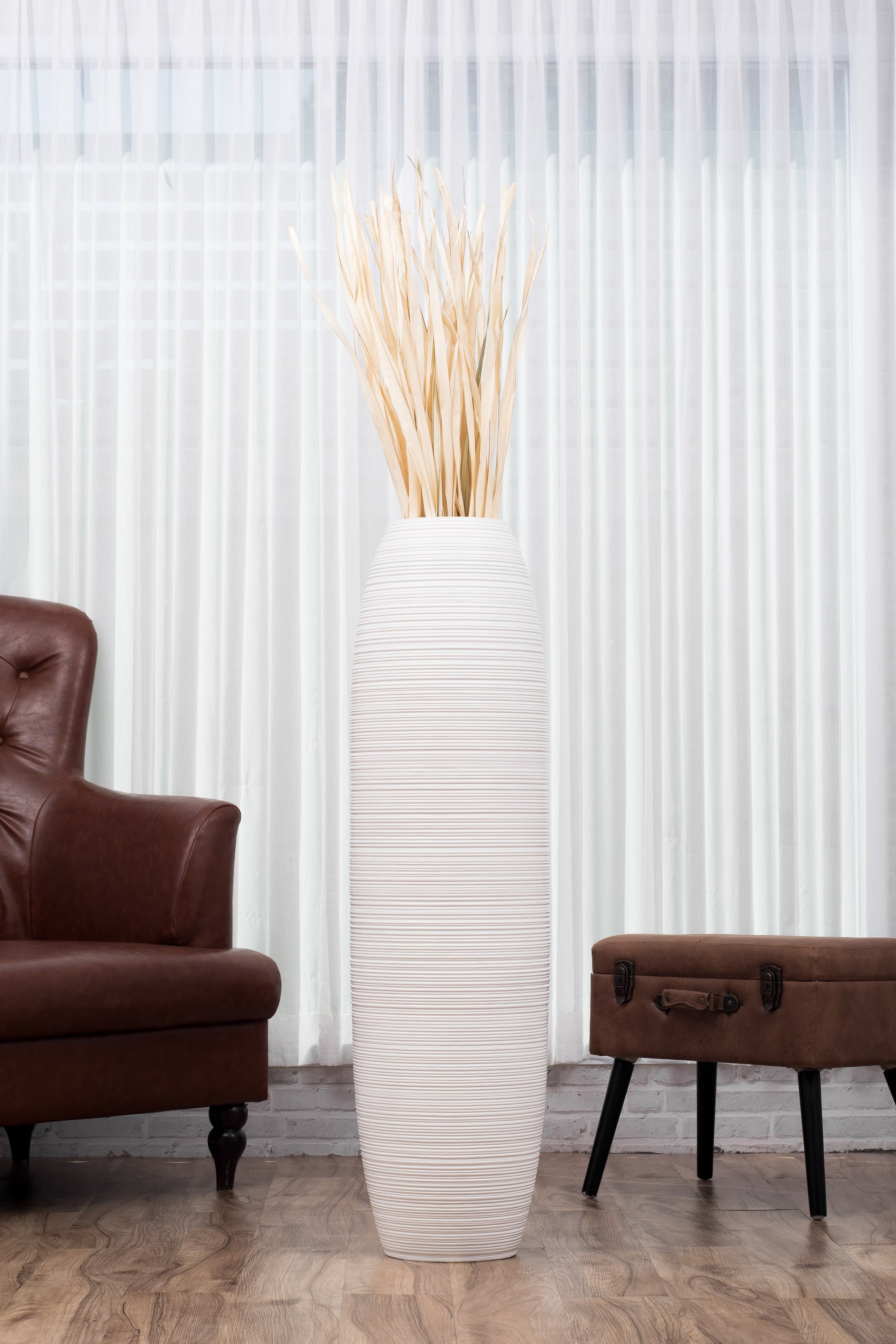 Large Mango Wood Floor Vase – Handcrafted Decorative Highlight from Thailand, white, 105 cm