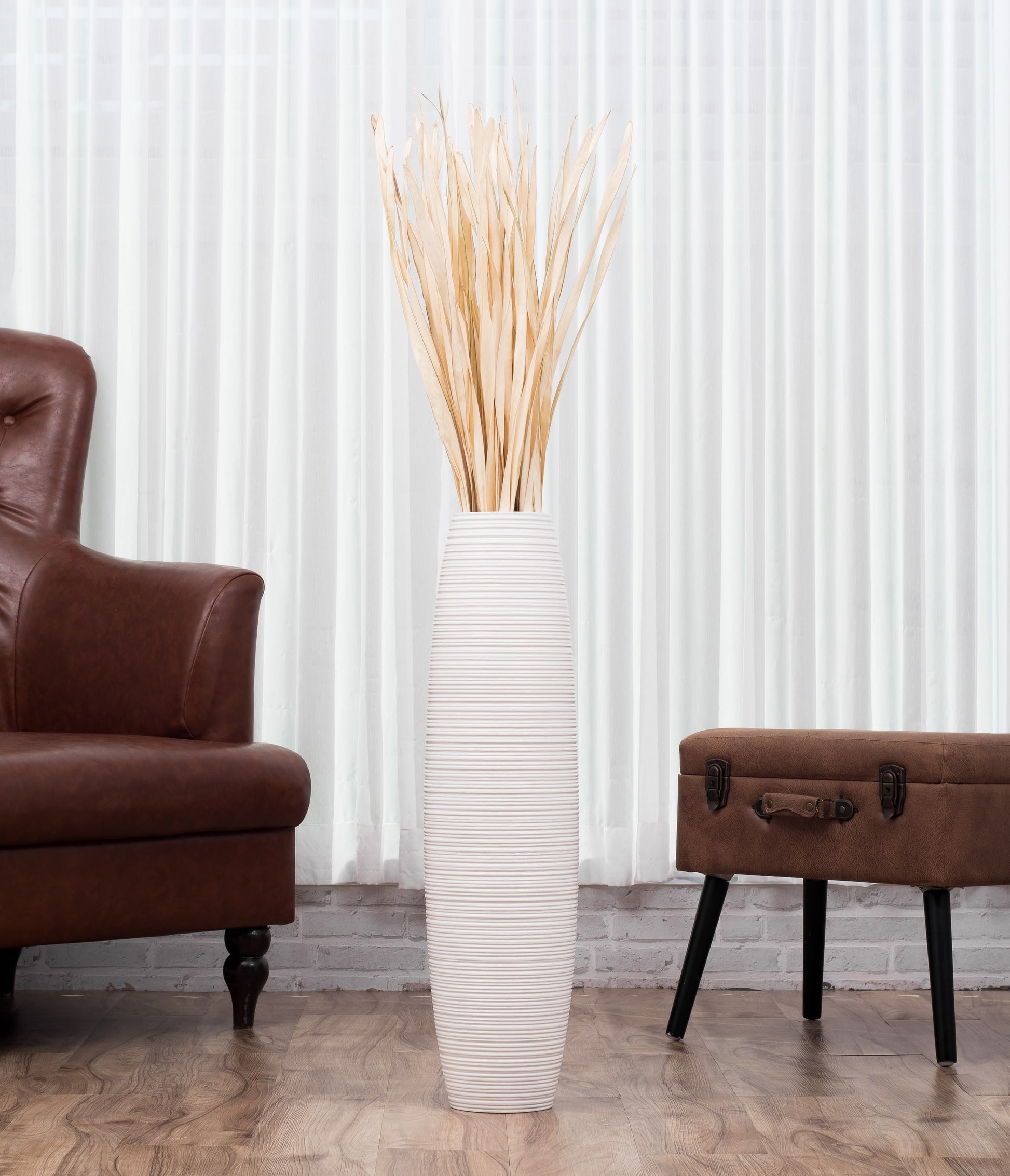 Large Mango Wood Floor Vase – Handcrafted Decorative Highlight from Thailand, white, 65 cm