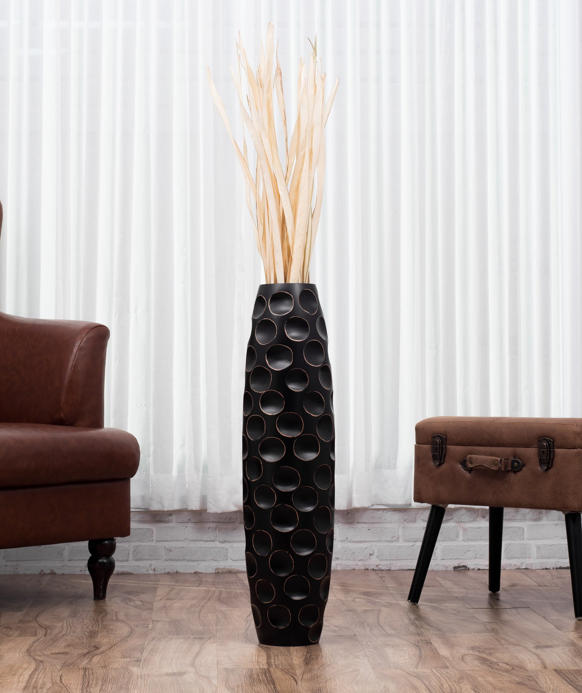 Large Mango Wood Floor Vase – Handcrafted Decorative Highlight from Thailand, black, 65 cm