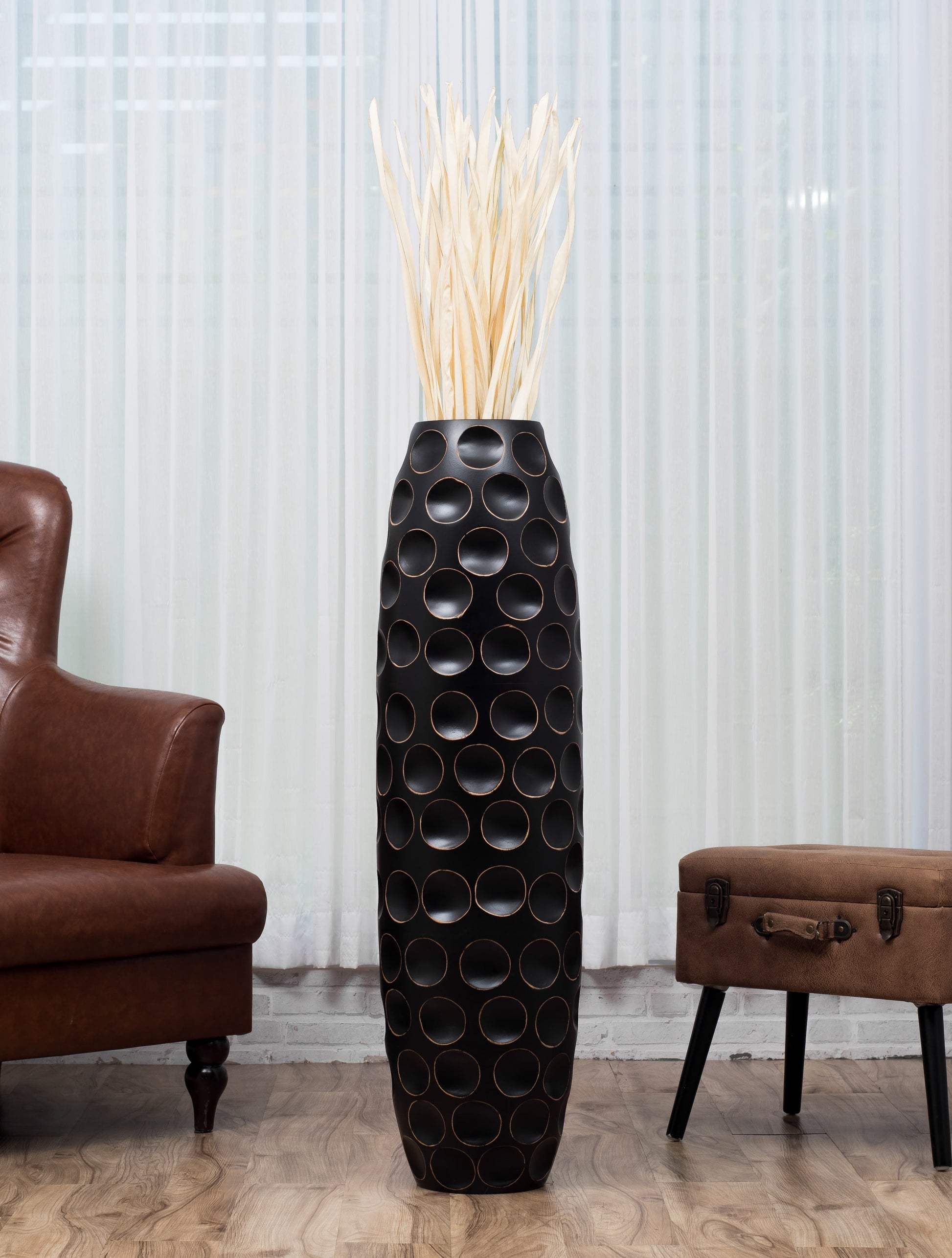 Large Mango Wood Floor Vase – Handcrafted Decorative Highlight from Thailand, black, 105 cm