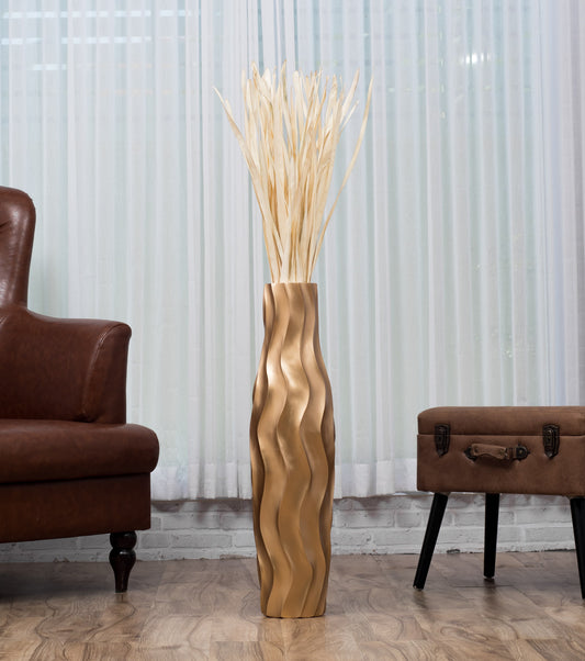 Large Mango Wood Floor Vase – Handcrafted Decorative Highlight from Thailand, gold, 65 cm