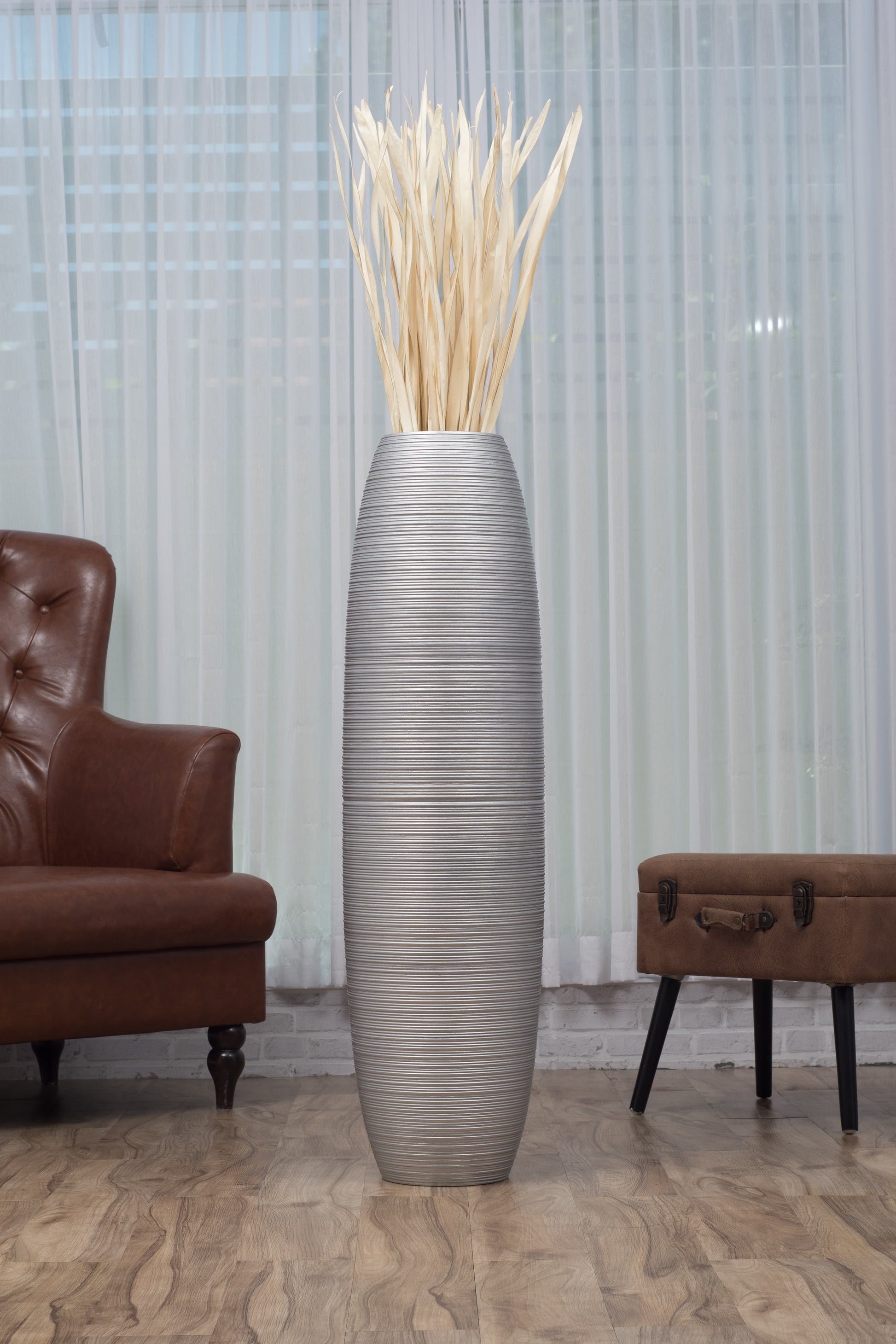 Large Mango Wood Floor Vase – Handcrafted Decorative Highlight from Thailand, silver, 105 cm