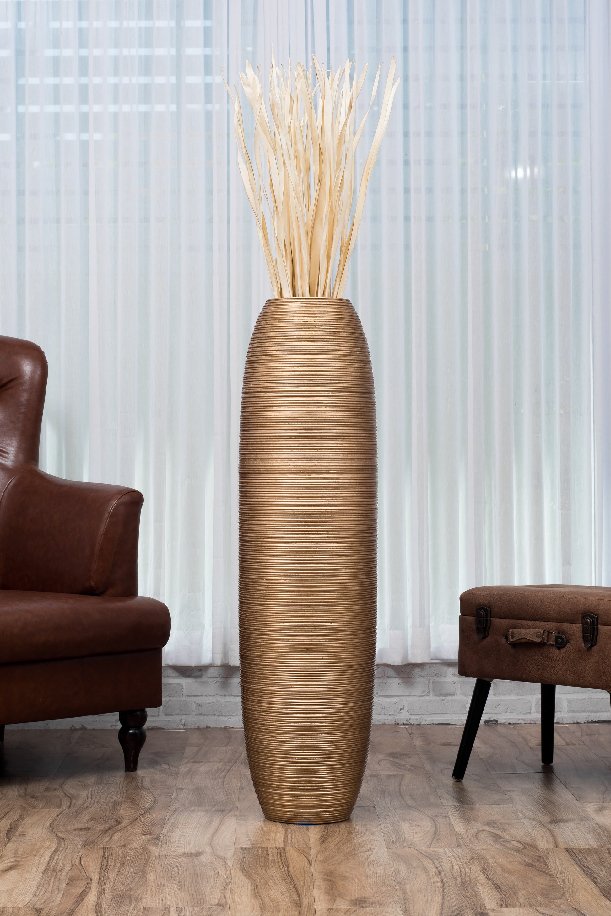 Large Mango Wood Floor Vase – Handcrafted Decorative Highlight from Thailand, gold, 105 cm