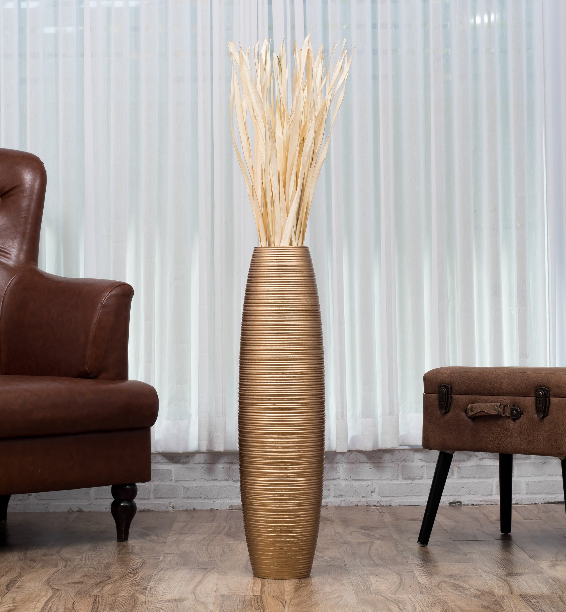 Large Mango Wood Floor Vase – Handcrafted Decorative Highlight from Thailand, gold, 65 cm