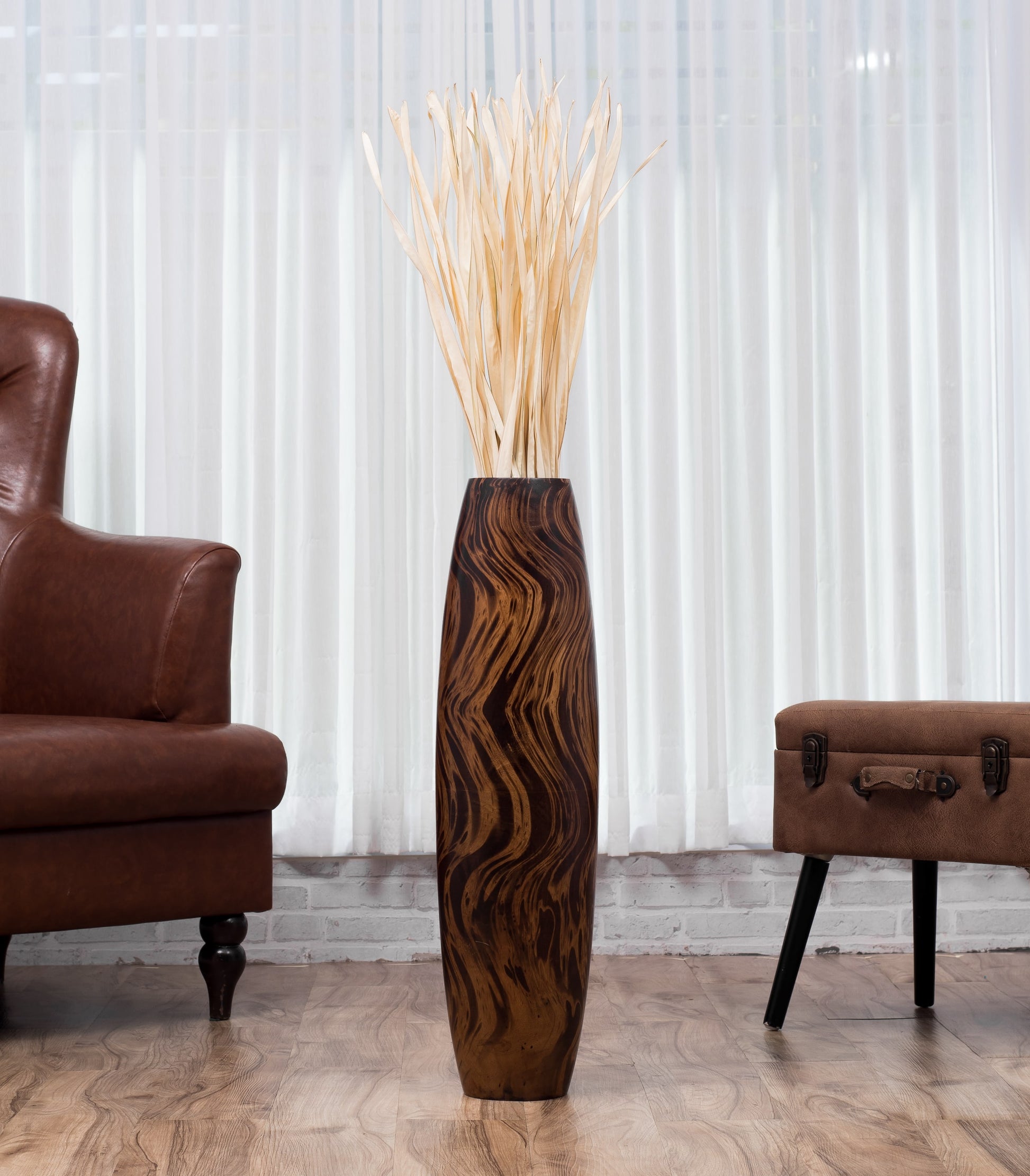 Large Mango Wood Floor Vase – Handcrafted Decorative Highlight from Thailand, brown, light brown, 65 cm