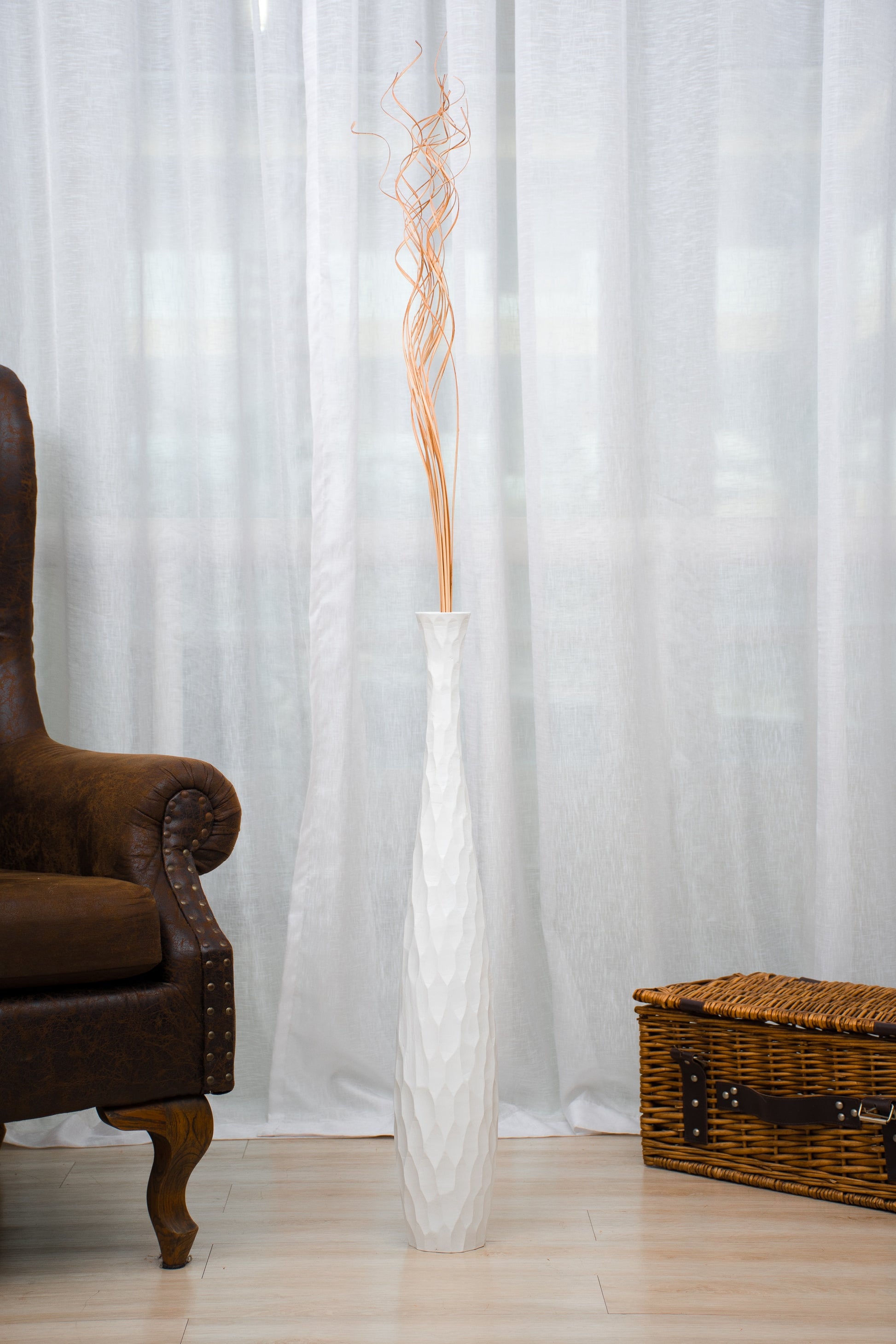 Large Mango Wood Floor Vase – Handcrafted Decorative Highlight from Thailand, white, 65 cm