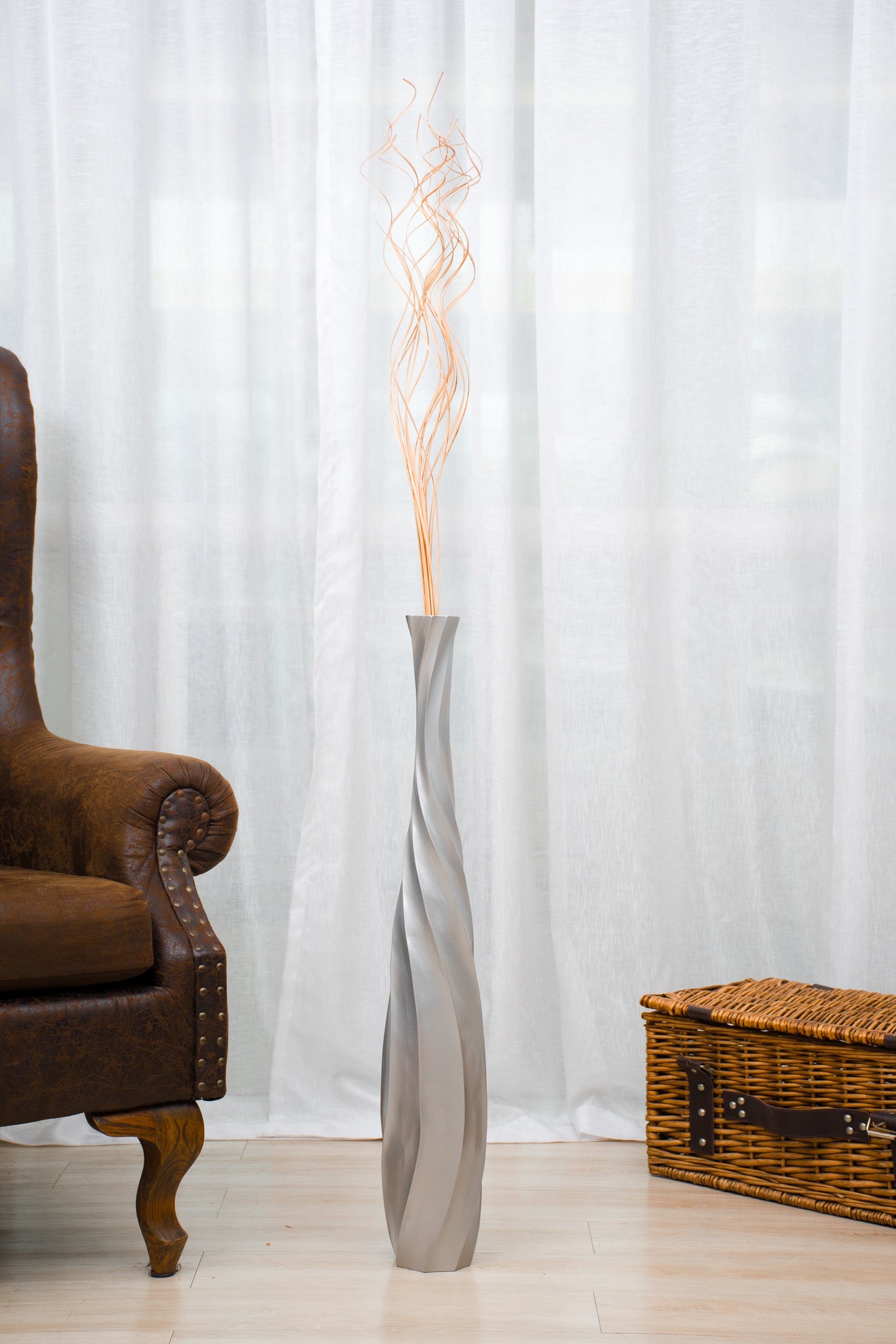 Large Mango Wood Floor Vase – Handcrafted Decorative Highlight from Thailand, silver, 65 cm