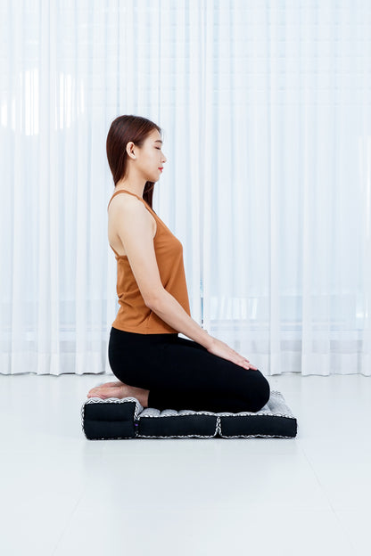 Foldable Meditation Cushion – Compact Kapok Seat with Foot Pad and Cotton Cover in Solid Colors or Thai Pattern, Cbt5 - Black