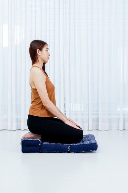 Foldable Meditation Cushion – Compact Kapok Seat with Foot Pad and Cotton Cover in Solid Colors or Thai Pattern, Cbt2 - Dark Blue