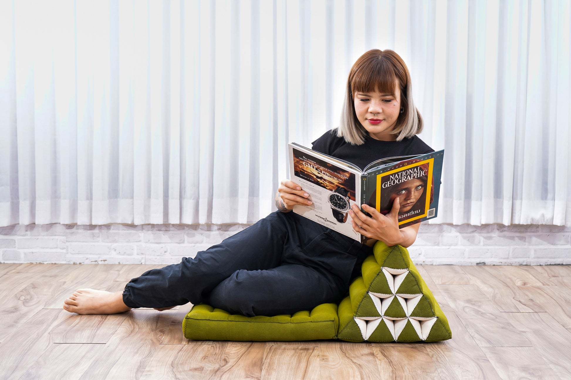 Triangular Kapok Backrest Cushion – Firm Thai Reading Pillow with Cotton Cover in Plain or Patterned Designs, Cl23 - Green, 1 seating segment