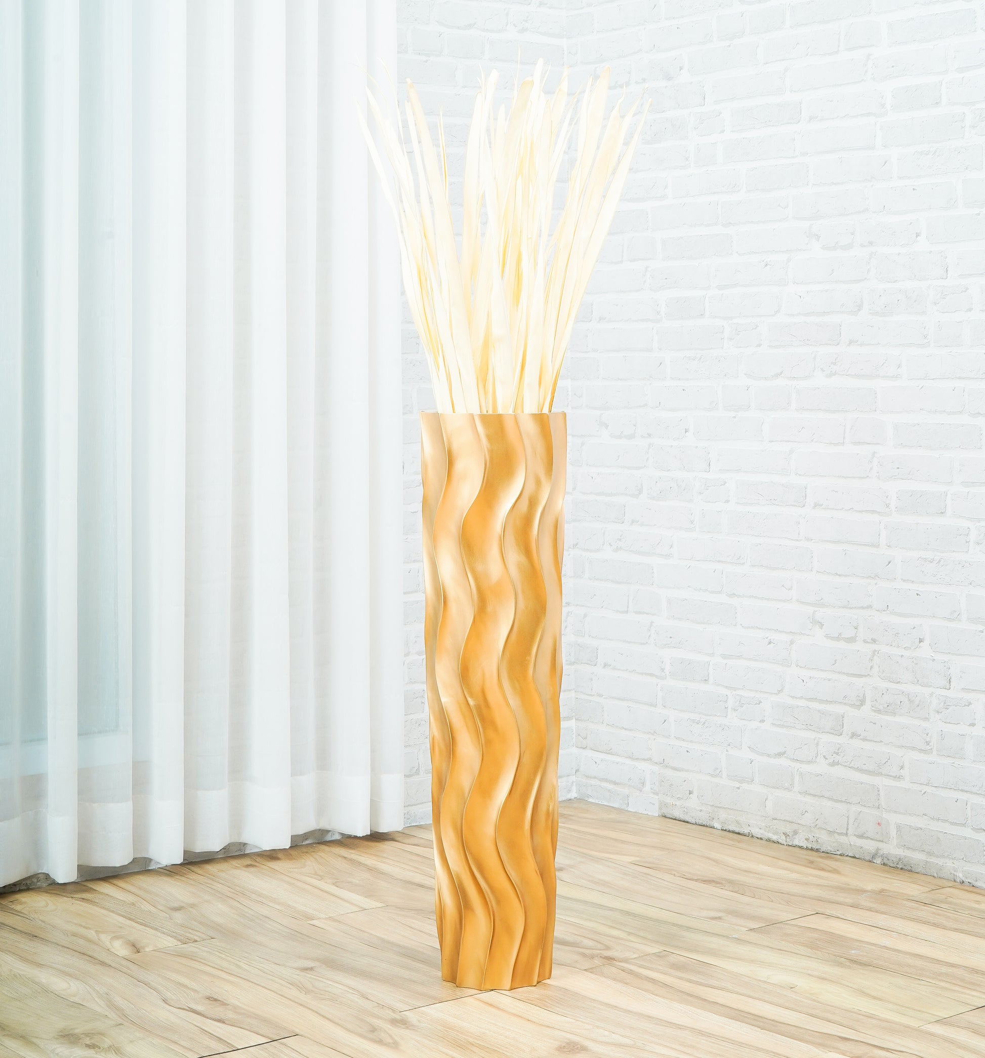 Large Mango Wood Floor Vase – Handcrafted Decorative Highlight from Thailand, gold, 65 cm