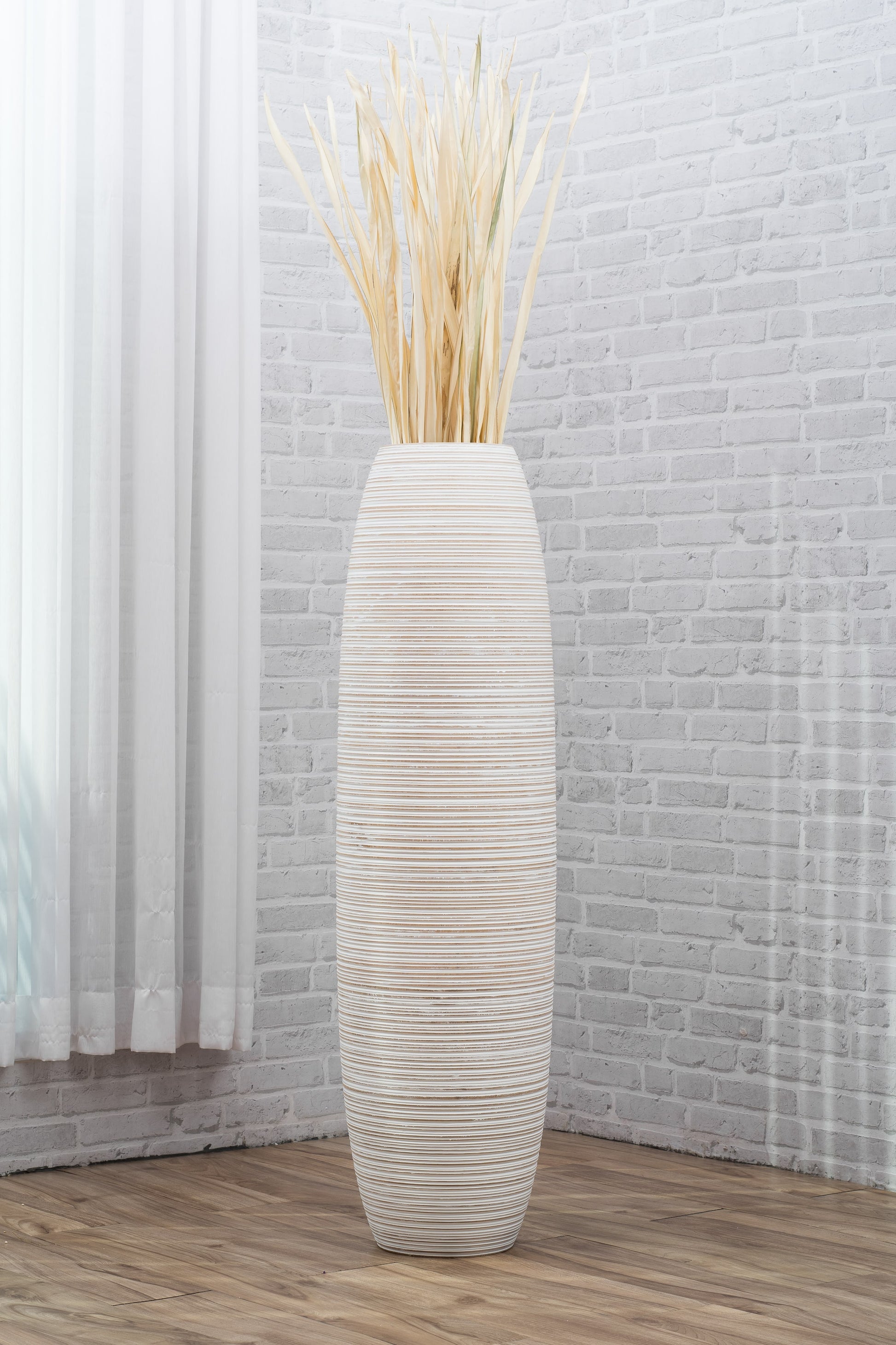 Large Mango Wood Floor Vase – Handcrafted Decorative Highlight from Thailand, white wash, 105 cm
