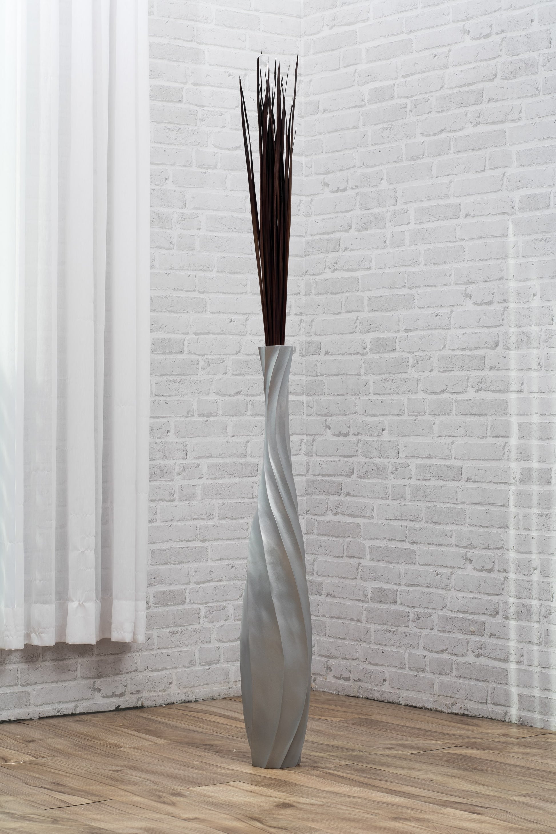 Large Mango Wood Floor Vase – Handcrafted Decorative Highlight from Thailand, silver, 85 cm