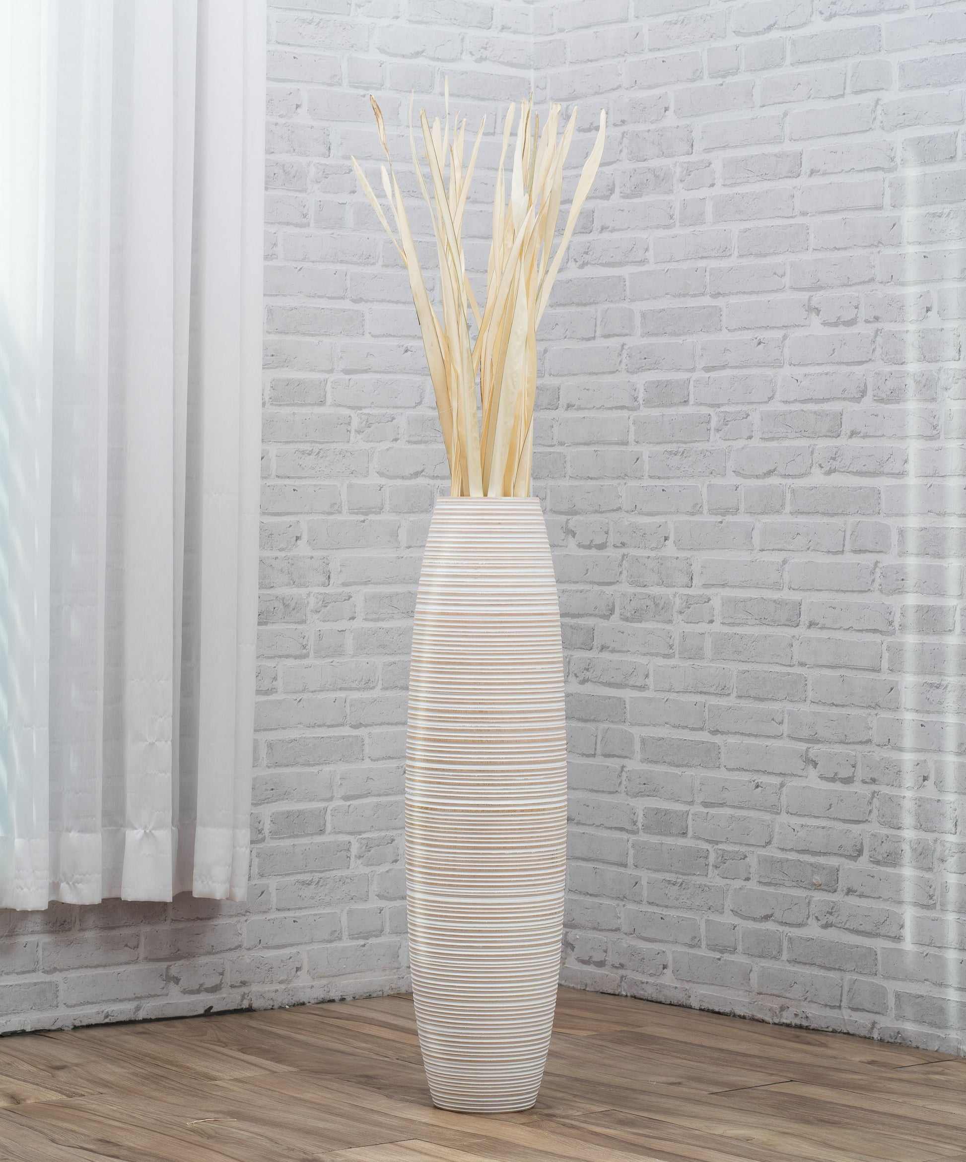 Large Mango Wood Floor Vase – Handcrafted Decorative Highlight from Thailand, white wash, 65 cm