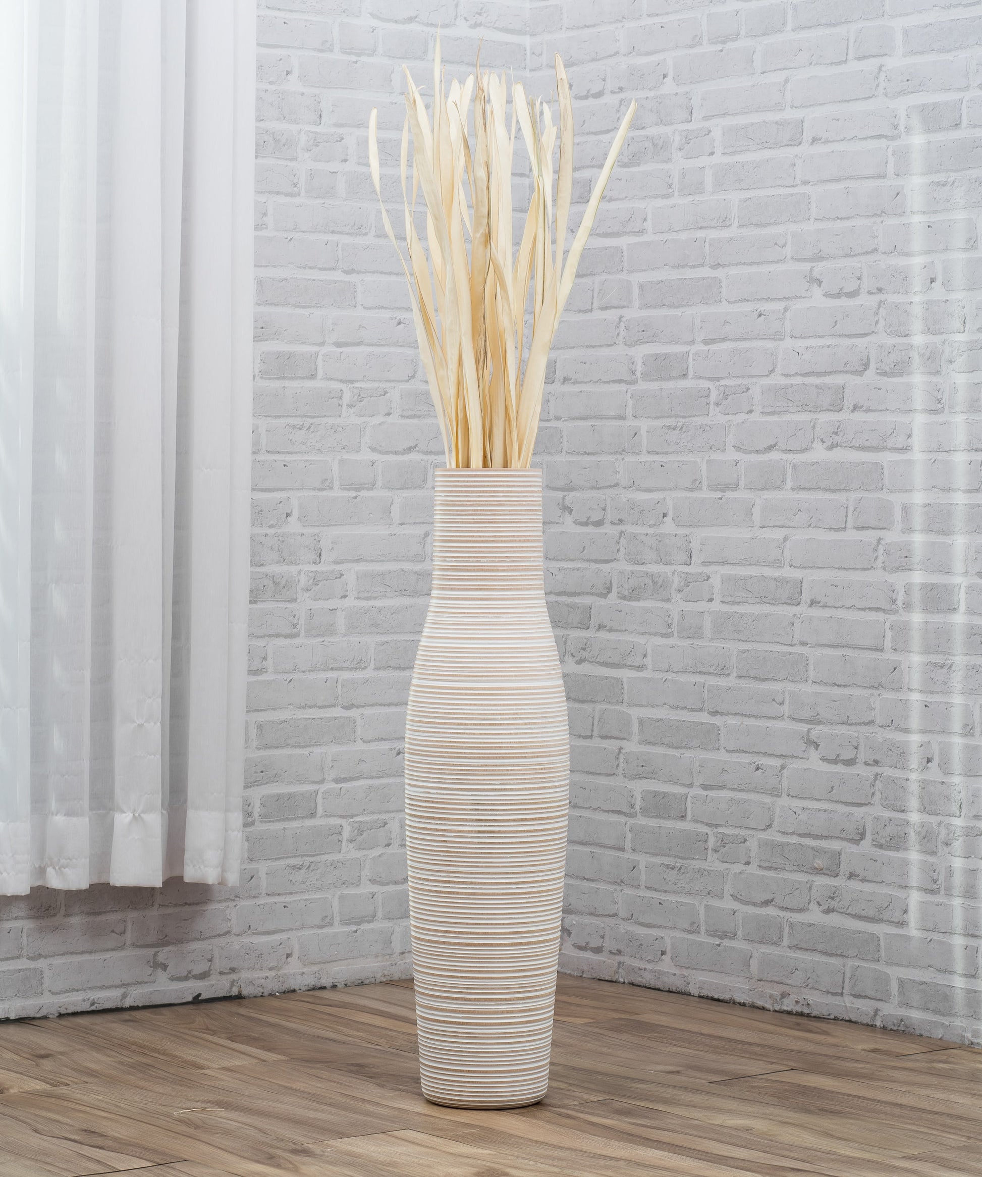 Large Mango Wood Floor Vase – Handcrafted Decorative Highlight from Thailand, white wash, 65 cm
