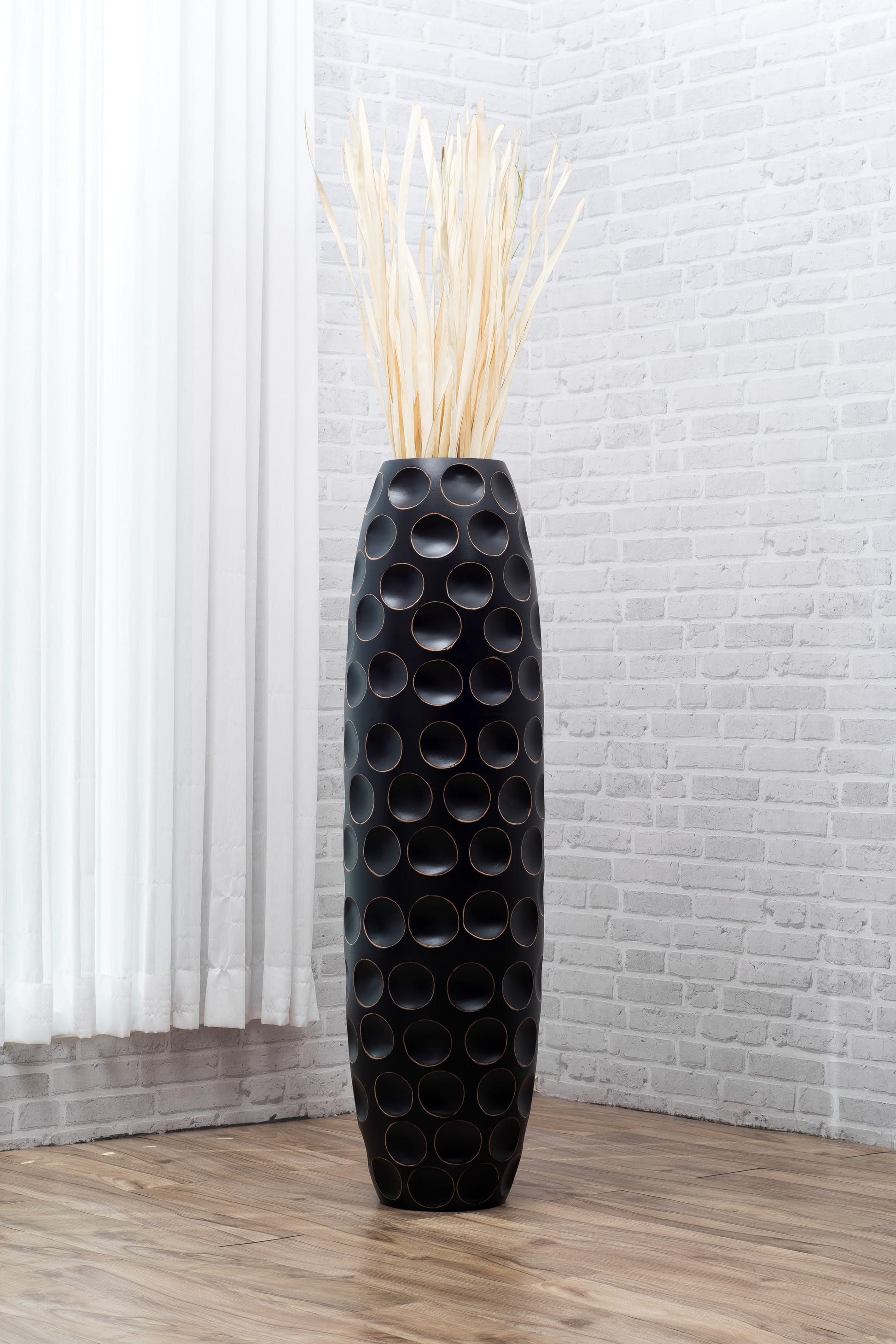 Large Mango Wood Floor Vase – Handcrafted Decorative Highlight from Thailand, black, 105 cm