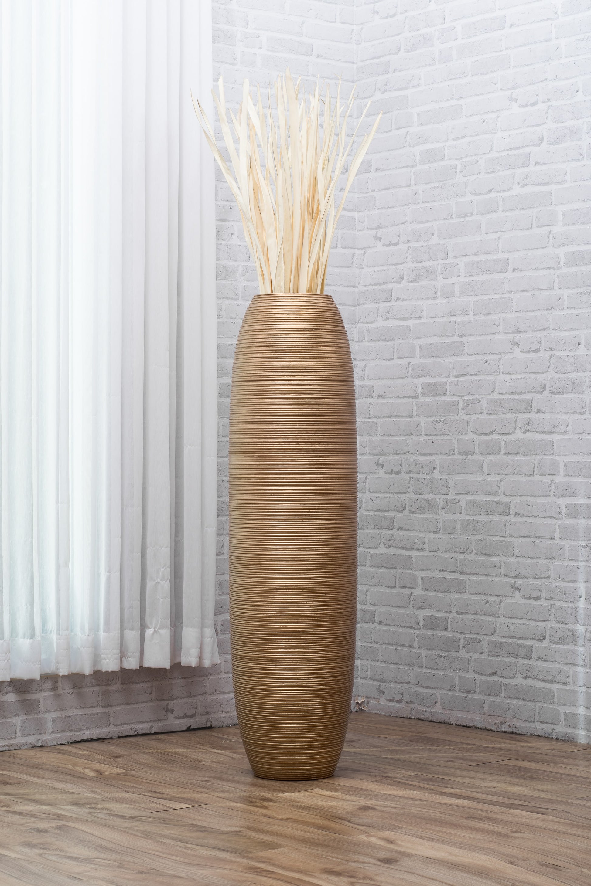 Large Mango Wood Floor Vase – Handcrafted Decorative Highlight from Thailand, gold, 105 cm