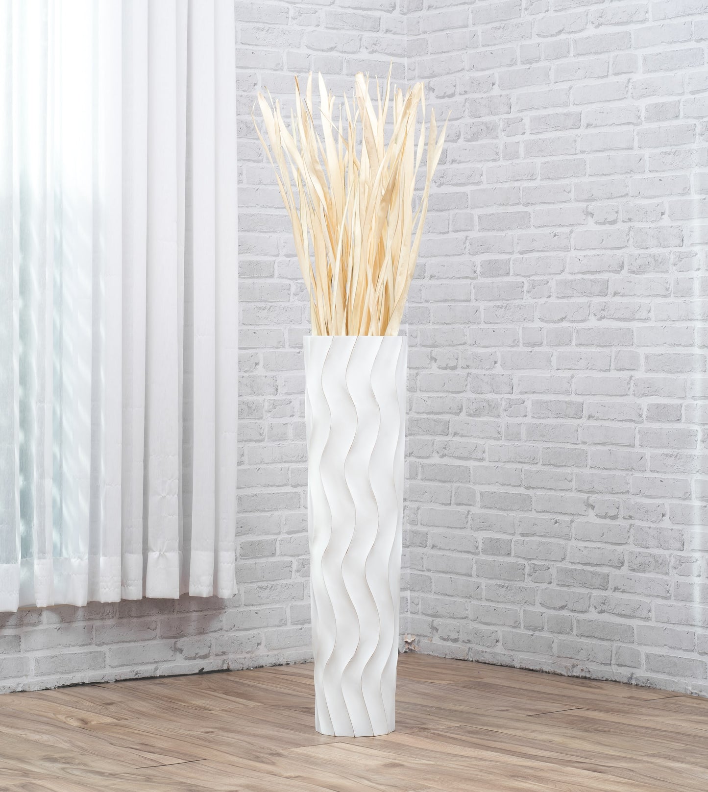 Large Mango Wood Floor Vase – Handcrafted Decorative Highlight from Thailand, white wash, 65 cm