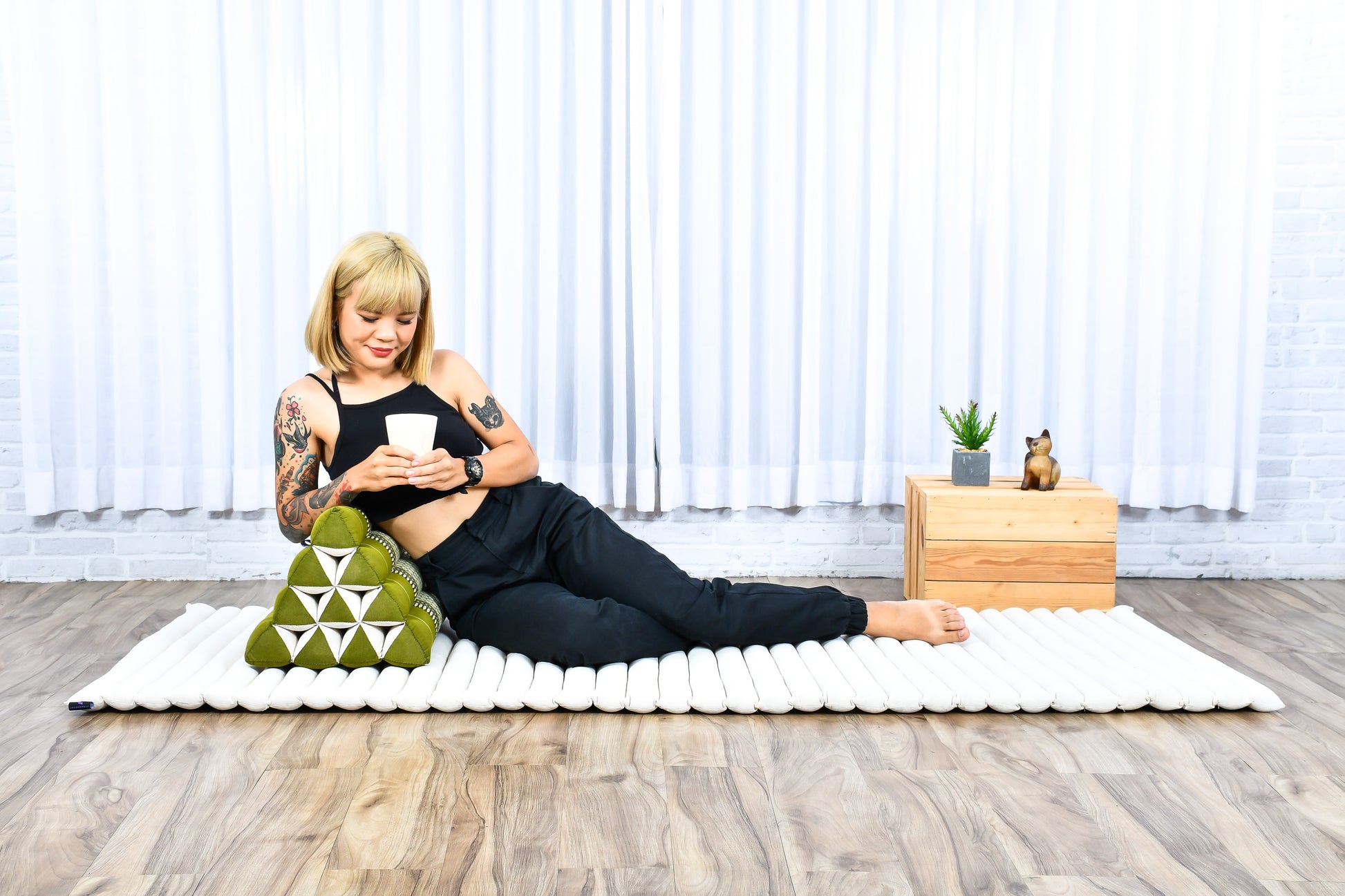 Triangular Kapok Backrest Cushion – Firm Thai Reading Pillow with Cotton Cover in Plain or Patterned Designs, Sf17 - Green, triangle cushion