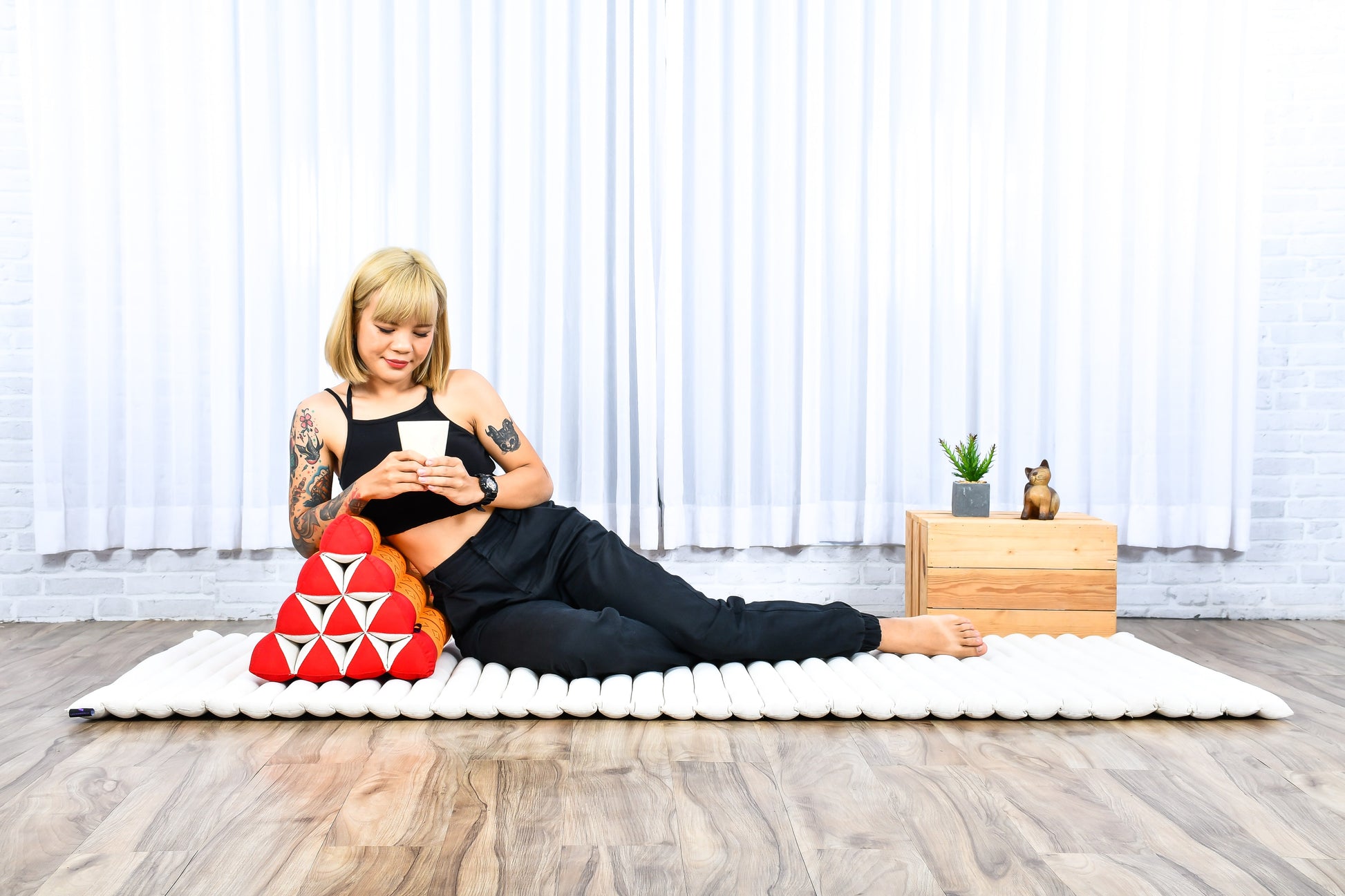 Triangular Kapok Backrest Cushion – Firm Thai Reading Pillow with Cotton Cover in Plain or Patterned Designs, Sf02 - Orange, triangle cushion