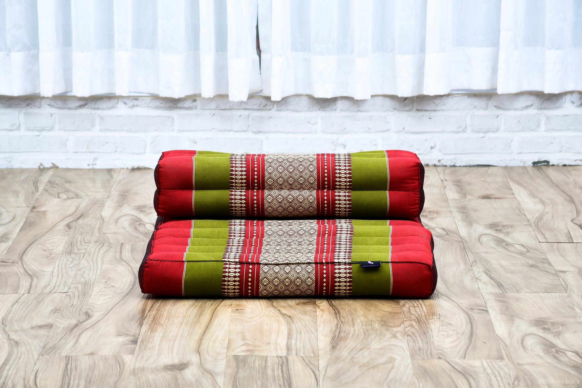 Foldable Meditation Cushion – Compact Kapok Seat with Foot Pad and Cotton Cover in Solid Colors or Thai Pattern, Sf11 - Red, Green