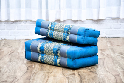Foldable Meditation Cushion – Compact Kapok Seat with Foot Pad and Cotton Cover in Solid Colors or Thai Pattern, Sf22 - Blue