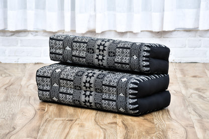 Foldable Meditation Cushion – Compact Kapok Seat with Foot Pad and Cotton Cover in Solid Colors or Thai Pattern, Cbt4 - Black