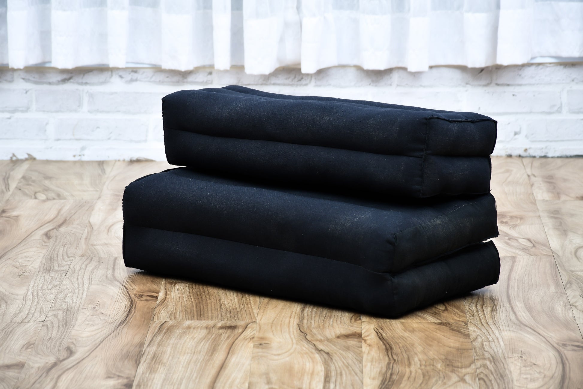Foldable Meditation Cushion – Compact Kapok Seat with Foot Pad and Cotton Cover in Solid Colors or Thai Pattern, Cl02 - Black