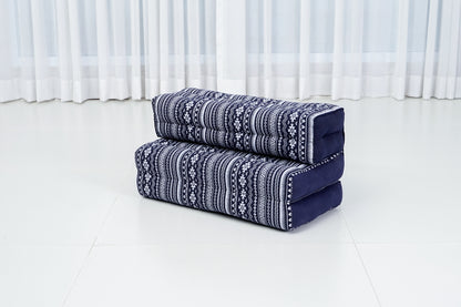 Foldable Meditation Cushion – Compact Kapok Seat with Foot Pad and Cotton Cover in Solid Colors or Thai Pattern, Cbt2 - Dark Blue