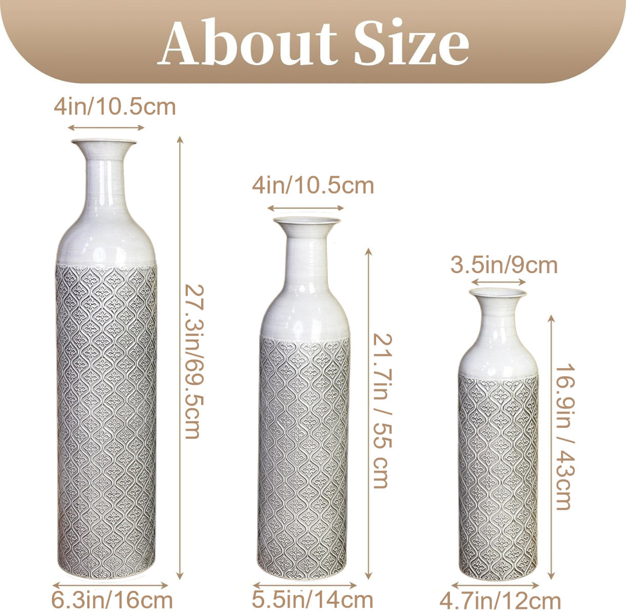3-Piece Metal Floor Vase Set – Tall & Large Handmade Decorative Vases, white, grey