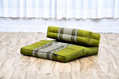 Foldable Meditation Cushion – Compact Kapok Seat with Foot Pad and Cotton Cover in Solid Colors or Thai Pattern, Sf17 - Green