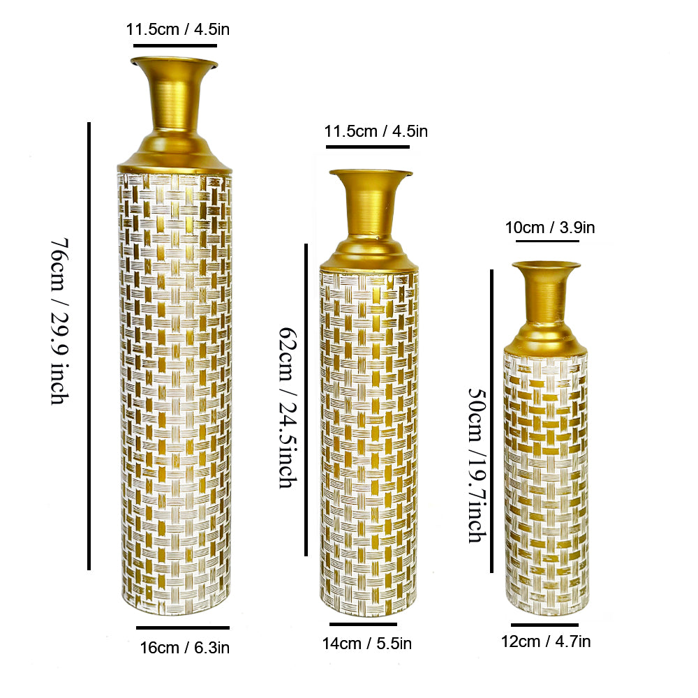 3-Piece Metal Floor Vase Set – Tall & Large Handmade Decorative Vases, gold, white