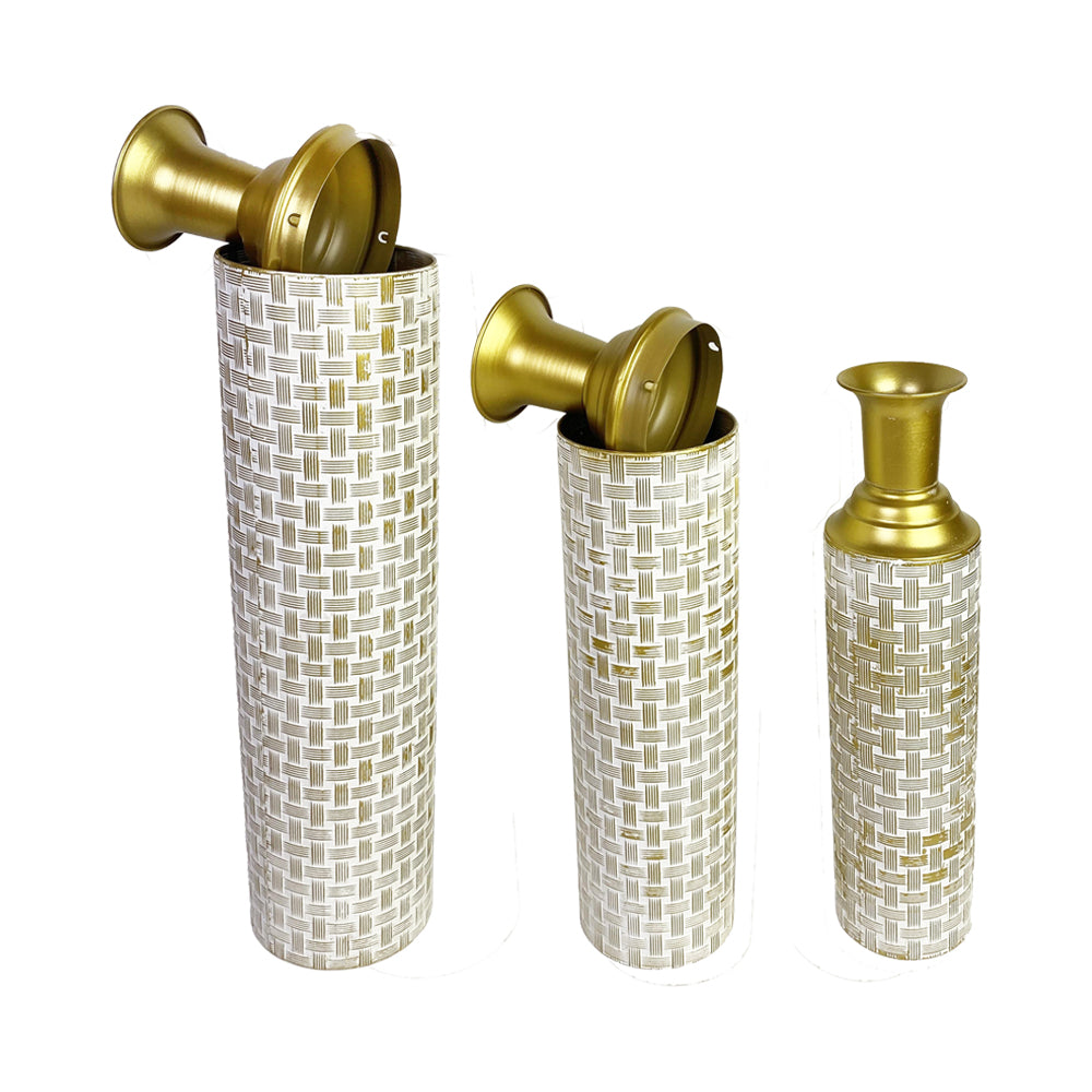 3-Piece Metal Floor Vase Set – Tall & Large Handmade Decorative Vases, gold, white