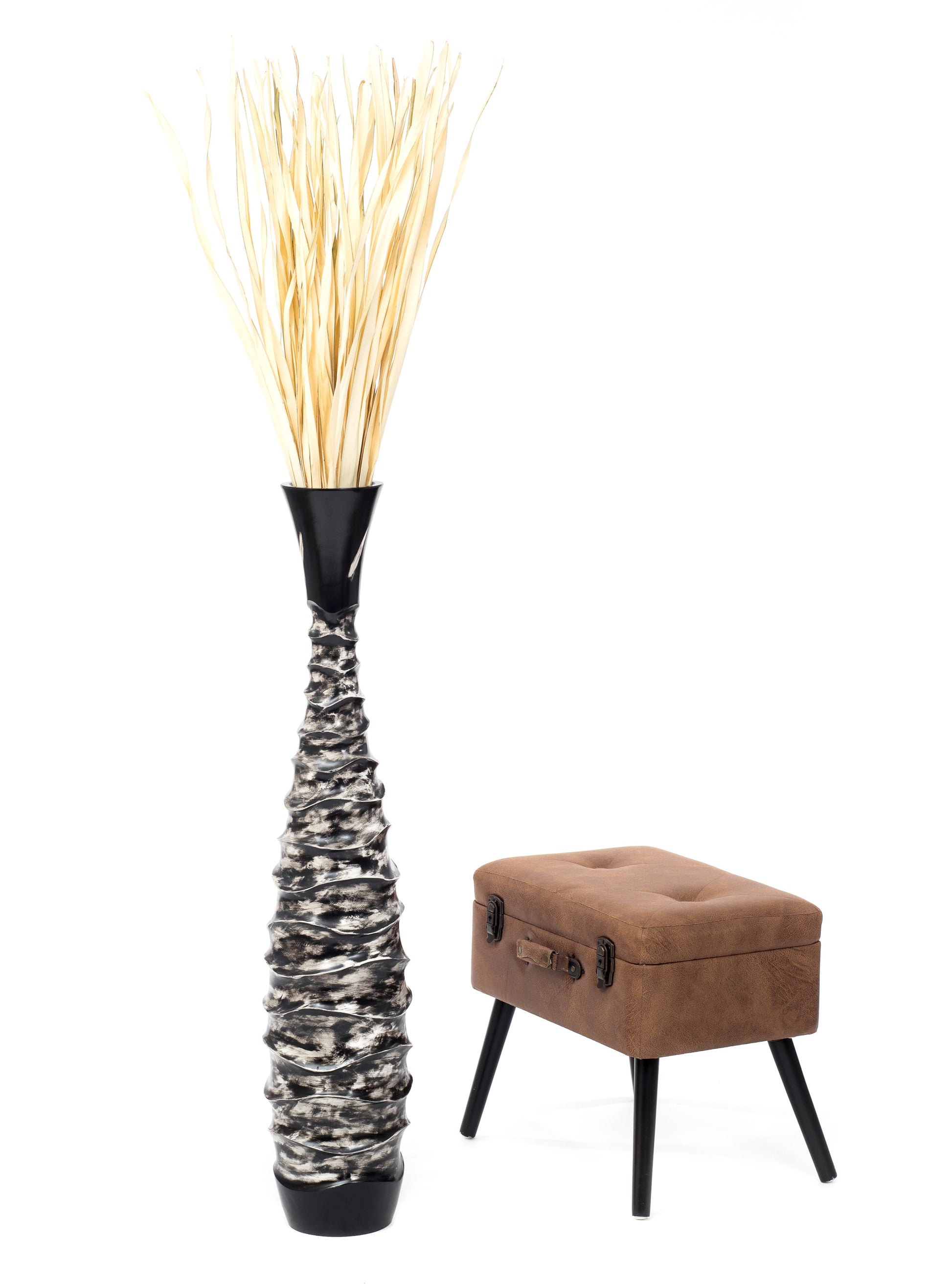 Large Mango Wood Floor Vase – Handcrafted Decorative Highlight from Thailand, black, white, 105 cm