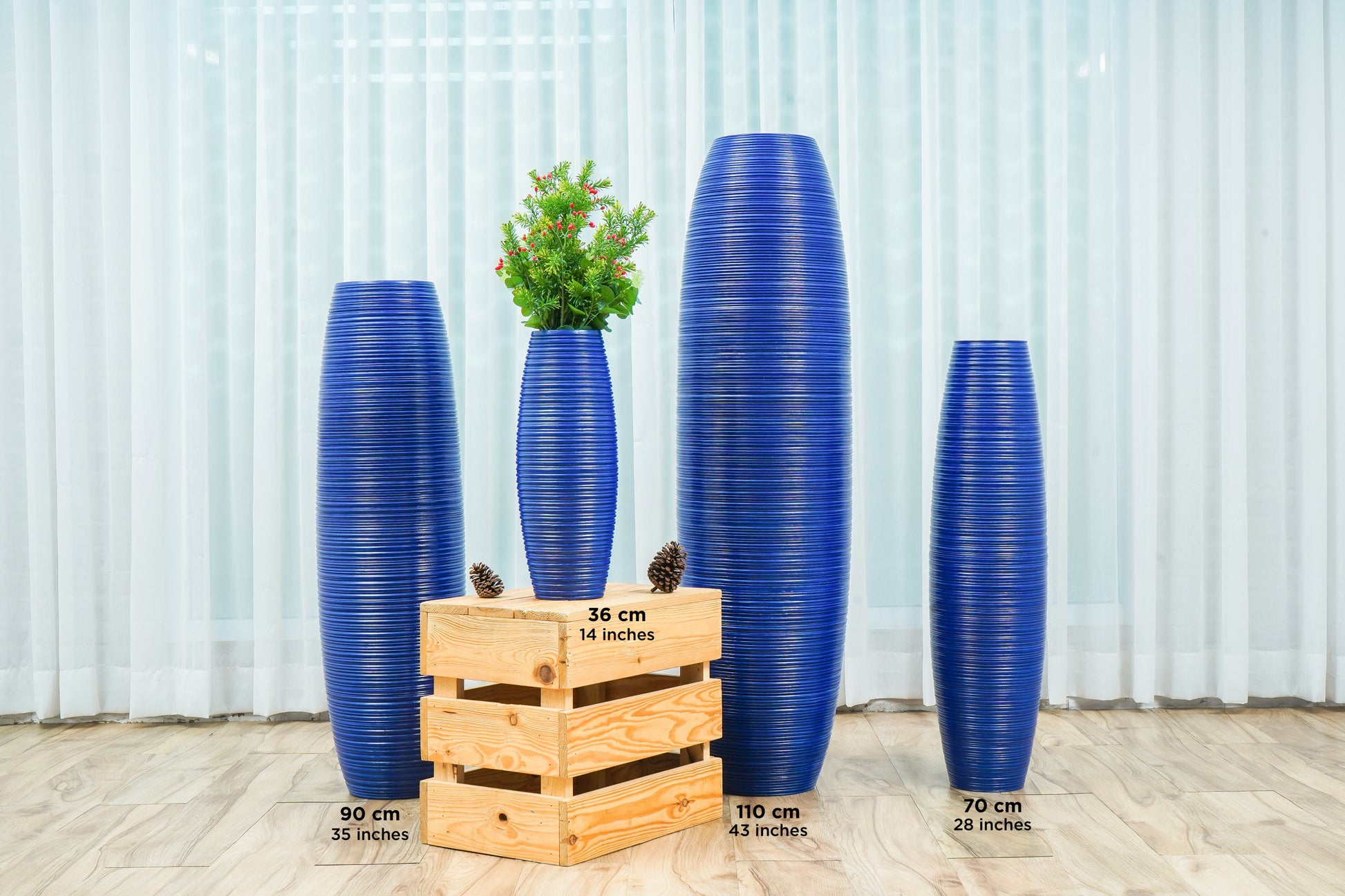 Large Mango Wood Floor Vase – Handcrafted Decorative Highlight from Thailand, blue, 85 cm