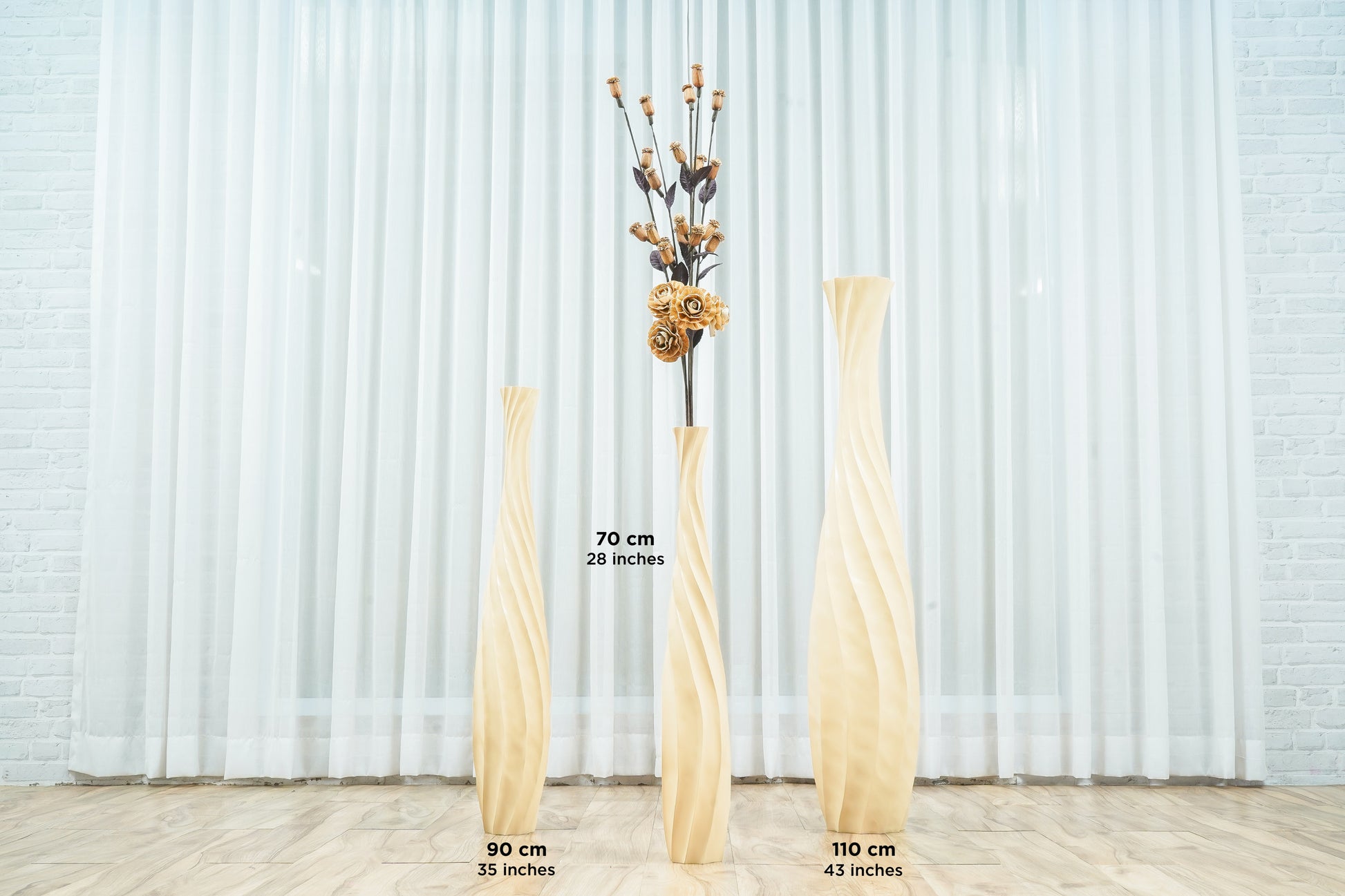 Large Mango Wood Floor Vase – Handcrafted Decorative Highlight from Thailand, cream, 85 cm