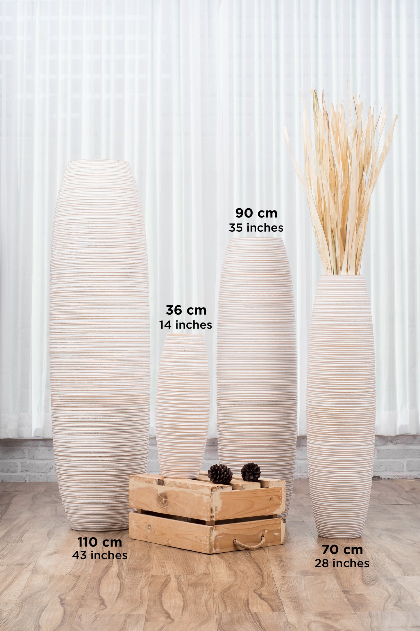 Large Mango Wood Floor Vase – Handcrafted Decorative Highlight from Thailand, white wash, 105 cm